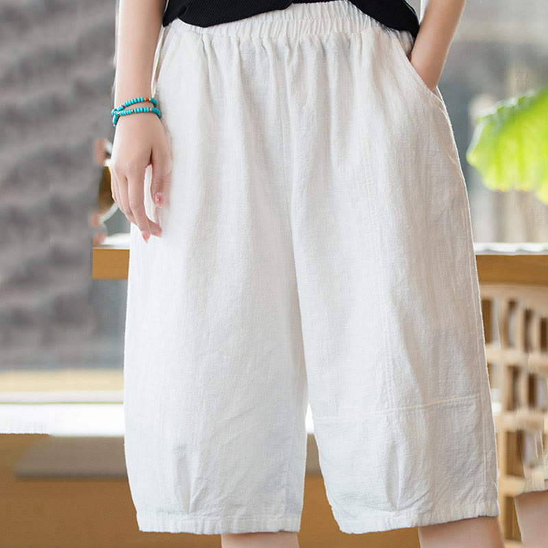 Buddha Stones Lässige, einfarbige Shorts aus Ramie-Baumwolle für Damen mit Taschen