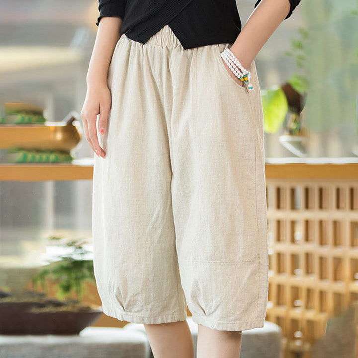 Buddha Stones Lässige, einfarbige Shorts aus Ramie-Baumwolle für Damen mit Taschen