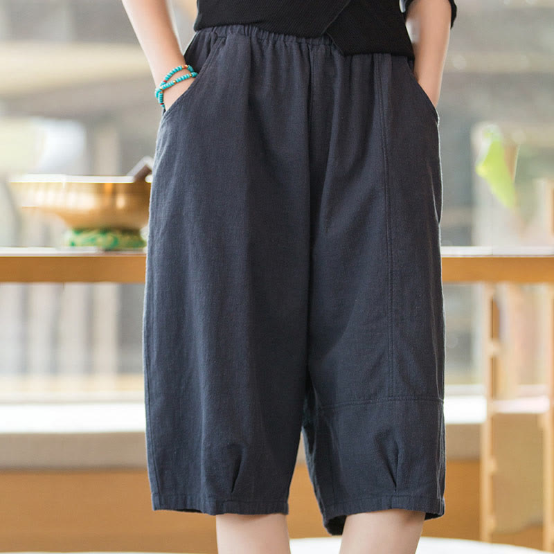 Buddha Stones Lässige, einfarbige Shorts aus Ramie-Baumwolle für Damen mit Taschen