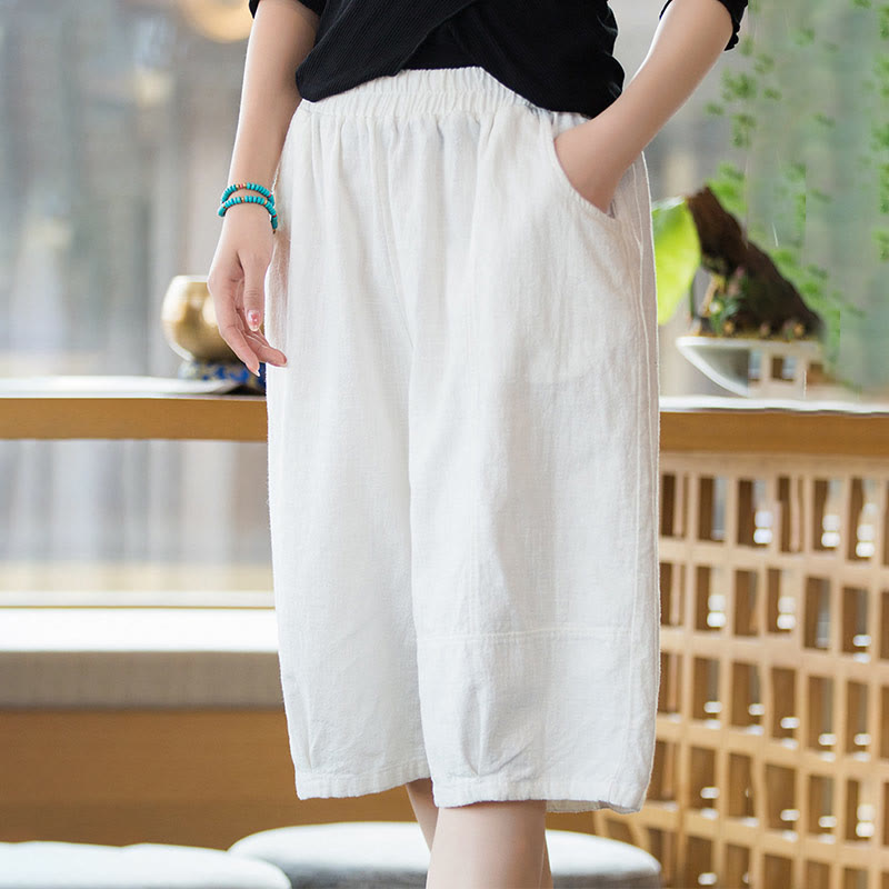 Buddha Stones Lässige, einfarbige Shorts aus Ramie-Baumwolle für Damen mit Taschen