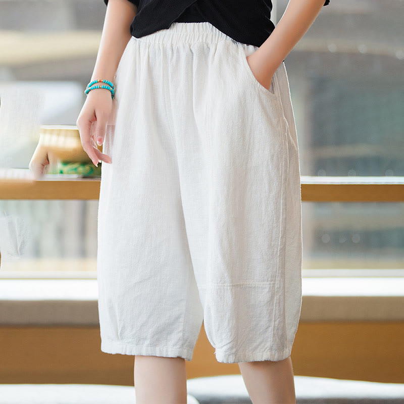 Buddha Stones Lässige, einfarbige Shorts aus Ramie-Baumwolle für Damen mit Taschen