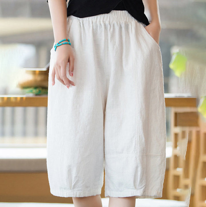Buddha Stones Lässige, einfarbige Shorts aus Ramie-Baumwolle für Damen mit Taschen
