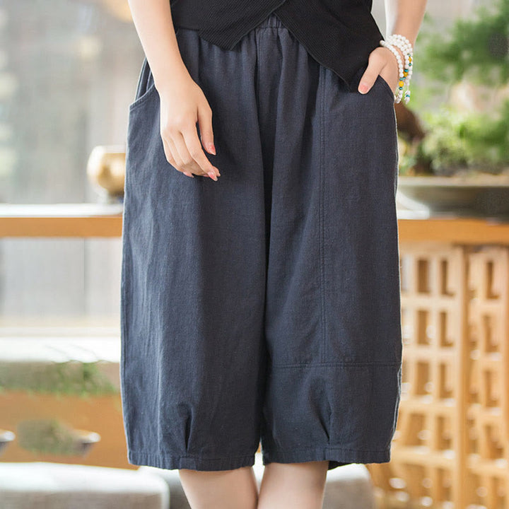 Buddha Stones Lässige, einfarbige Shorts aus Ramie-Baumwolle für Damen mit Taschen