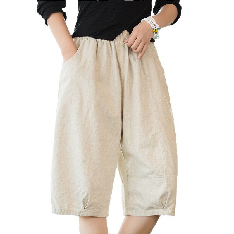 Buddha Stones Lässige, einfarbige Shorts aus Ramie-Baumwolle für Damen mit Taschen