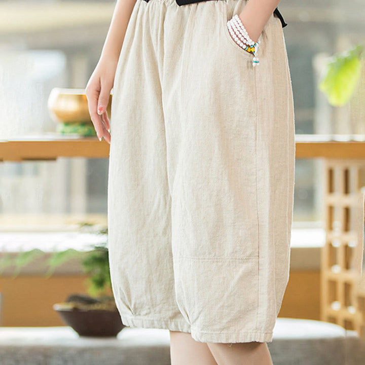 Buddha Stones Lässige, einfarbige Shorts aus Ramie-Baumwolle für Damen mit Taschen - image 23