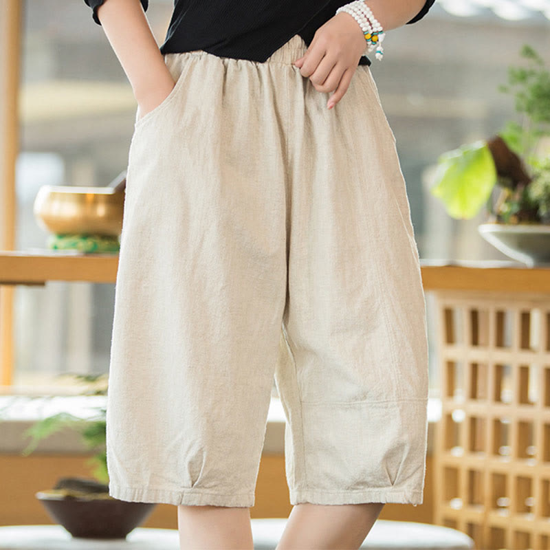 Buddha Stones Lässige, einfarbige Shorts aus Ramie-Baumwolle für Damen mit Taschen