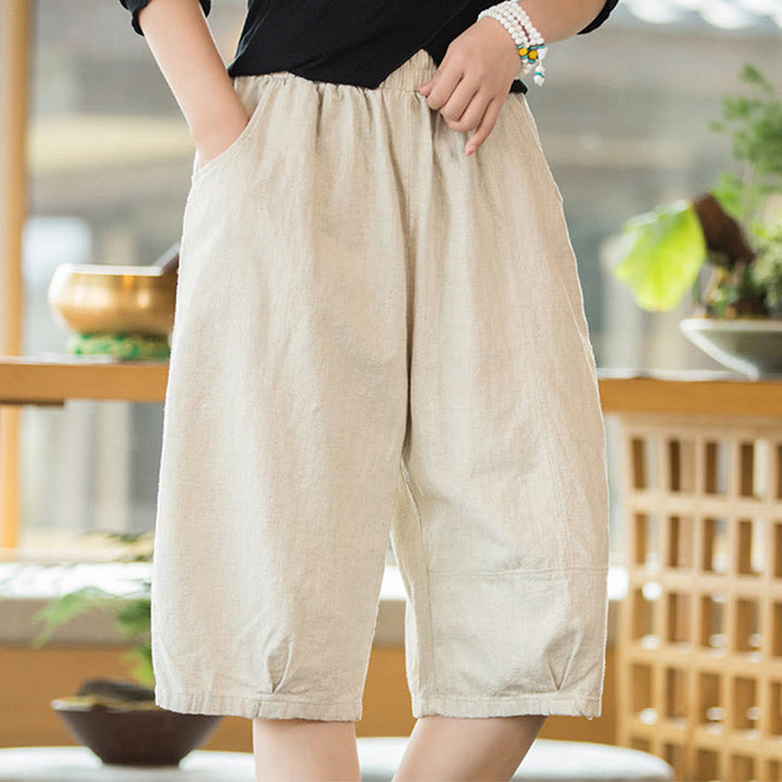 Buddha Stones Lässige, einfarbige Shorts aus Ramie-Baumwolle für Damen mit Taschen