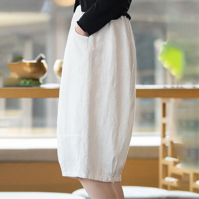 Buddha Stones Lässige, einfarbige Shorts aus Ramie-Baumwolle für Damen mit Taschen - image 11