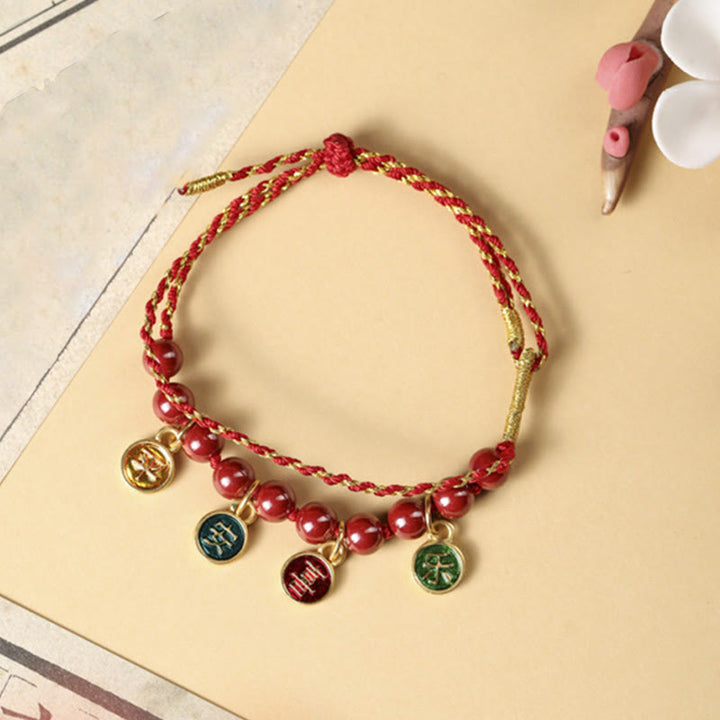 Buddha Stones, Zinnober, Frieden und Freude, rote Schnur, verstellbar, Segen, geflochtenes Armband