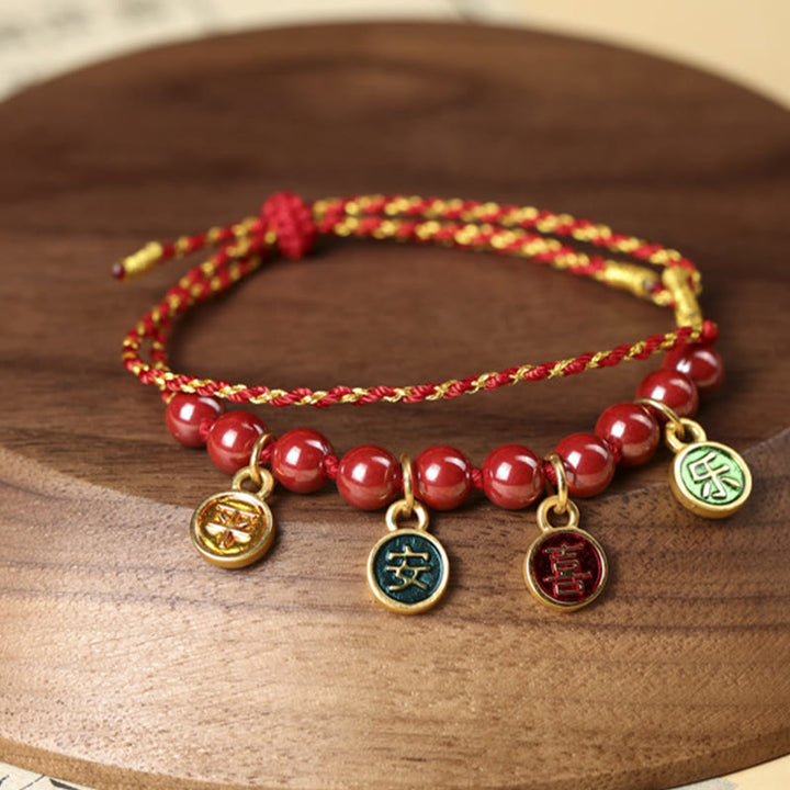 Buddha Stones, Zinnober, Frieden und Freude, rote Schnur, verstellbar, Segen, geflochtenes Armband