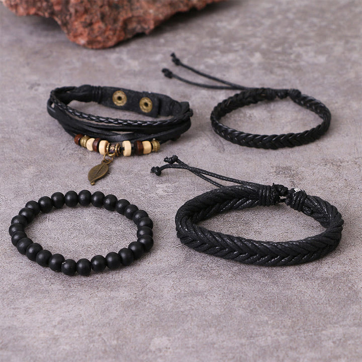 Armbandset mit Buddha Stones und Blättern, mehrlagig, gedrehtes Leder, Kunstharzperlen, Mut