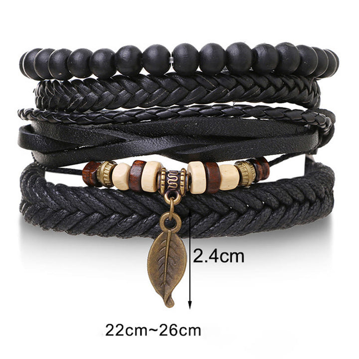 Armbandset mit Buddha Stones und Blättern, mehrlagig, gedrehtes Leder, Kunstharzperlen, Mut