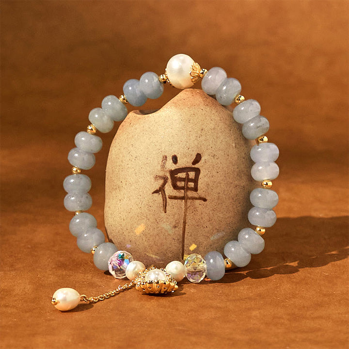 Buddha Stones Armband mit Heilperlen, natürlichem Aquamarin und Perlenmuschel