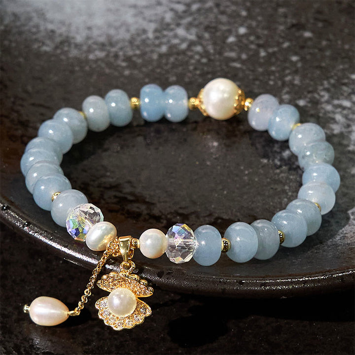 Buddha Stones Armband mit Heilperlen, natürlichem Aquamarin und Perlenmuschel