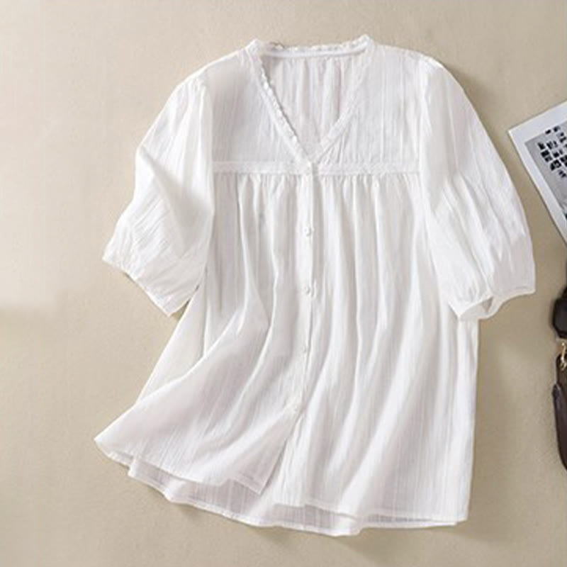 Buddha Stones Damen-Baumwollhemd mit V-Ausschnitt und halblangen Ärmeln, reine weiße Spitze - image 4