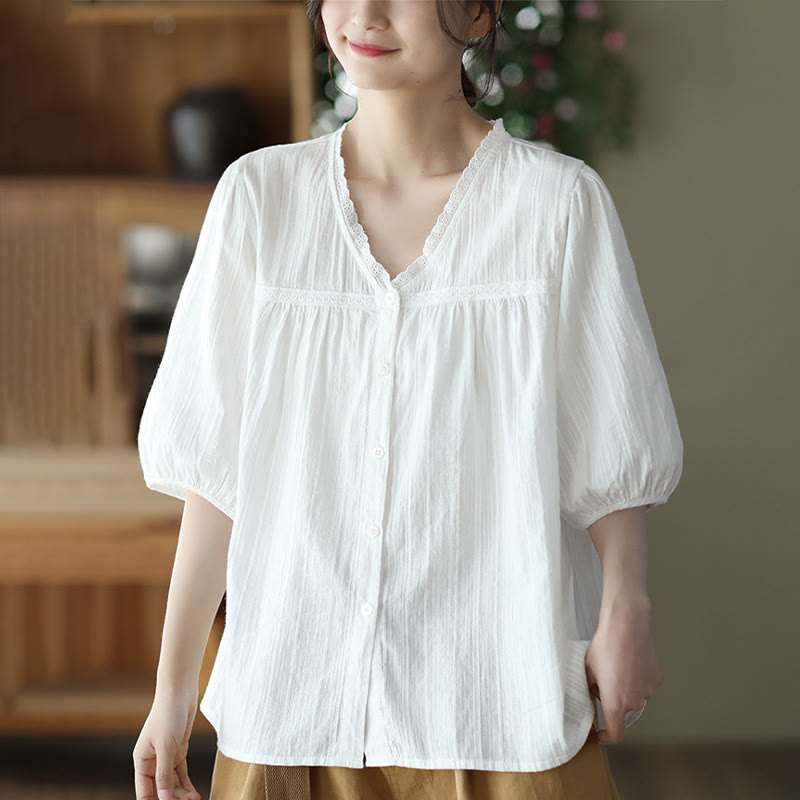 Buddha Stones Damen-Baumwollhemd mit V-Ausschnitt und halblangen Ärmeln, reine weiße Spitze - image 8