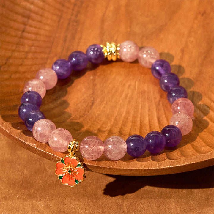 Buddha Stones Jahr der Schlange Amethyst Erdbeerquarz Blumen Charm Heilung Armband