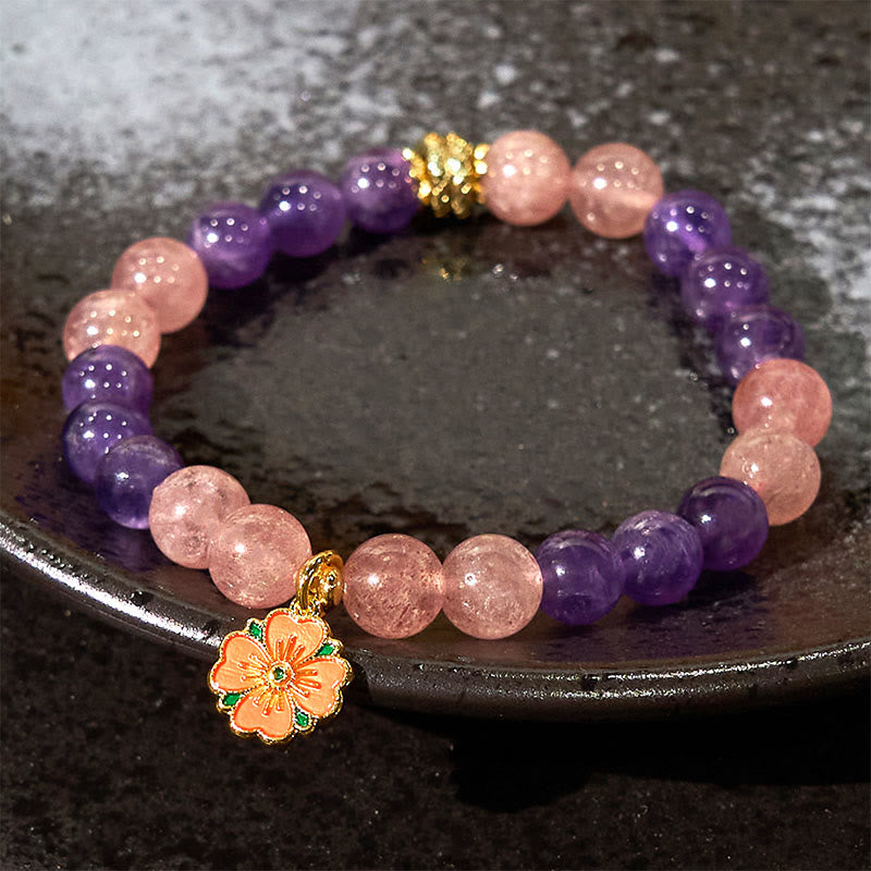 Buddha Stones Jahr der Schlange Amethyst Erdbeerquarz Blumen Charm Heilung Armband