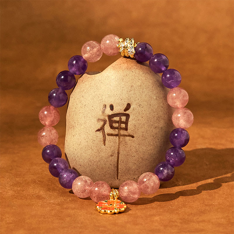 Buddha Stones Jahr der Schlange Amethyst Erdbeerquarz Blumen Charm Heilung Armband