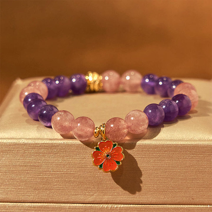 Buddha Stones Jahr der Schlange Amethyst Erdbeerquarz Blumen Charm Heilung Armband