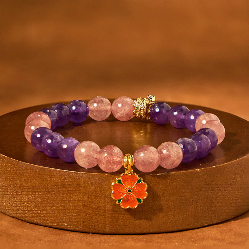 Buddha Stones Jahr der Schlange Amethyst Erdbeerquarz Blumen Charm Heilung Armband