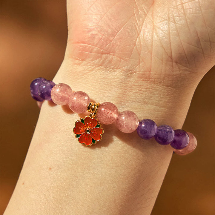 Buddha Stones Jahr der Schlange Amethyst Erdbeerquarz Blumen Charm Heilung Armband