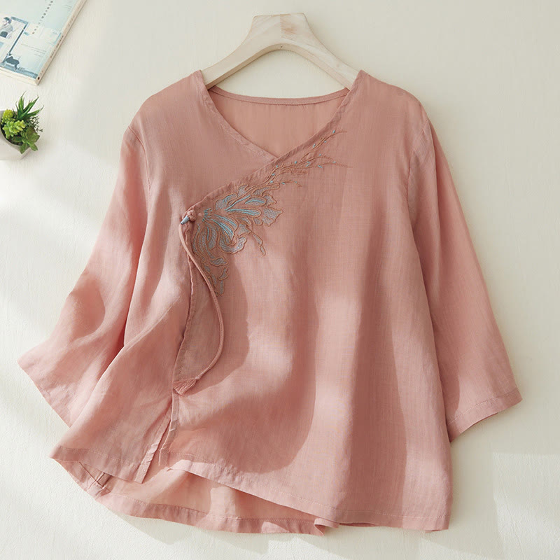 Lässiges Damen-Hemd aus Baumwolle und Leinen mit Buddha Stones -Stickerei und Pflanzen-Design - MistyRose - US8-10， UK/AU12-14，EU40-42 (2XL) - image 1