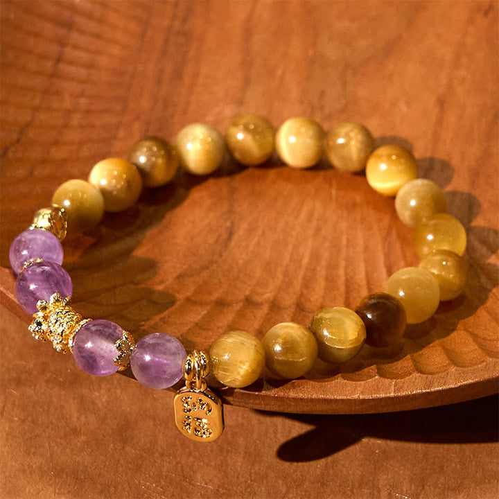 Buddha Stones Jahr der Schlange Tigerauge Amethyst Fu Charakterstärke Armband