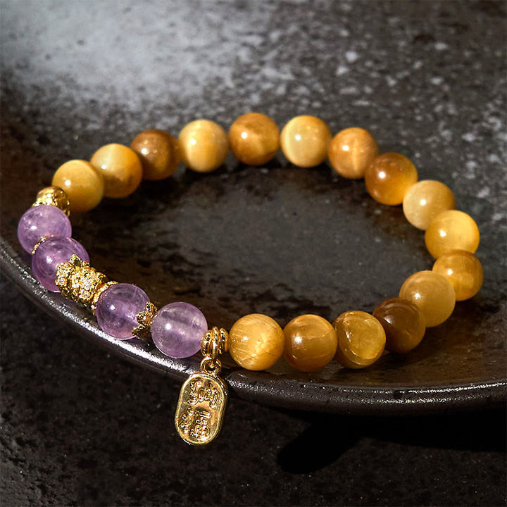 Buddha Stones Jahr der Schlange Tigerauge Amethyst Fu Charakterstärke Armband