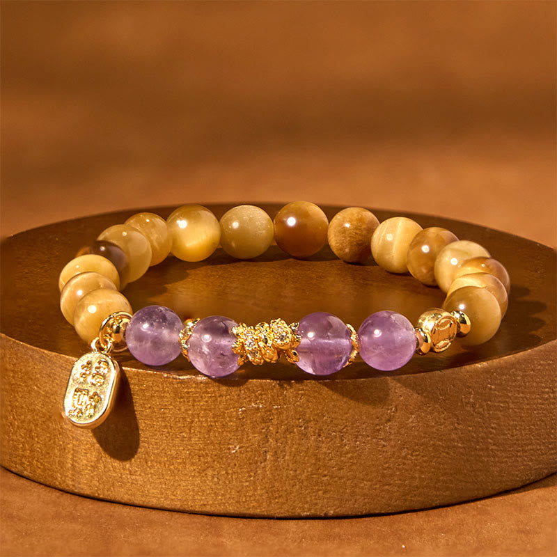 Buddha Stones Jahr der Schlange Tigerauge Amethyst Fu Charakterstärke Armband