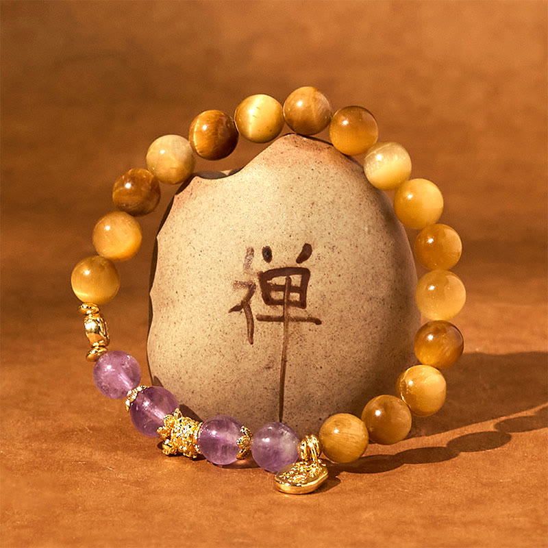 Buddha Stones Jahr der Schlange Tigerauge Amethyst Fu Charakterstärke Armband