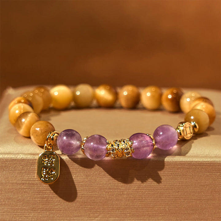 Buddha Stones Jahr der Schlange Tigerauge Amethyst Fu Charakterstärke Armband