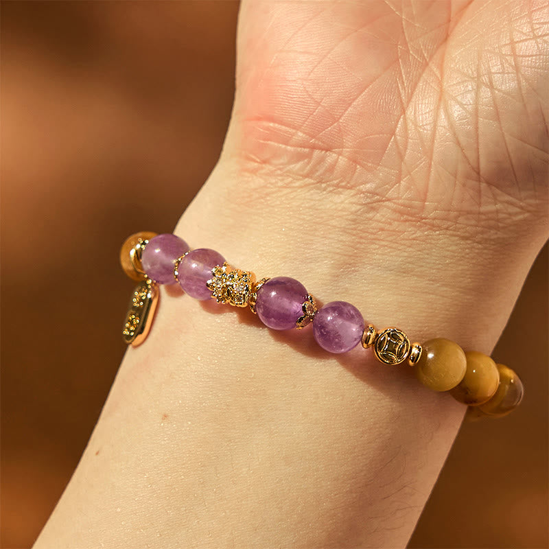 Buddha Stones Jahr der Schlange Tigerauge Amethyst Fu Charakterstärke Armband