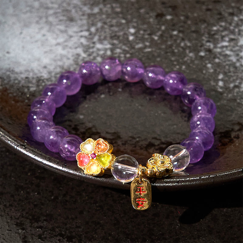 Buddha Stones Charm-Armband mit natürlichem Amethyst und weißer Kristallblume, Heilung, sicher und gut