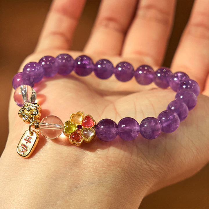 Buddha Stones Charm-Armband mit natürlichem Amethyst und weißer Kristallblume, Heilung, sicher und gut