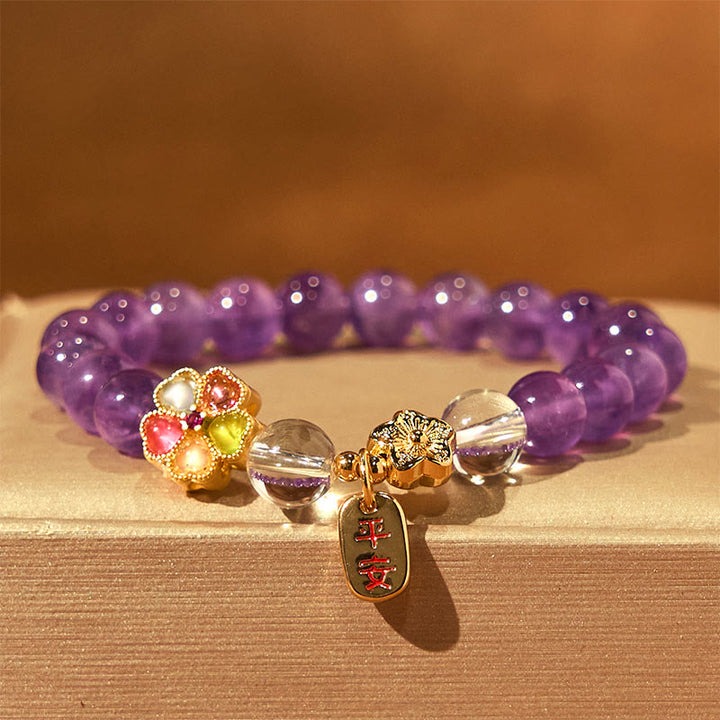 Buddha Stones Charm-Armband mit natürlichem Amethyst und weißer Kristallblume, Heilung, sicher und gut