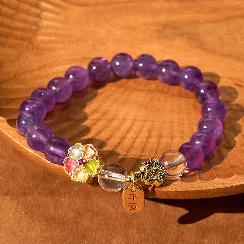 Buddha Stones Charm-Armband mit natürlichem Amethyst und weißer Kristallblume, Heilung, sicher und gut