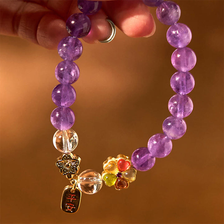 Buddha Stones Charm-Armband mit natürlichem Amethyst und weißer Kristallblume, Heilung, sicher und gut