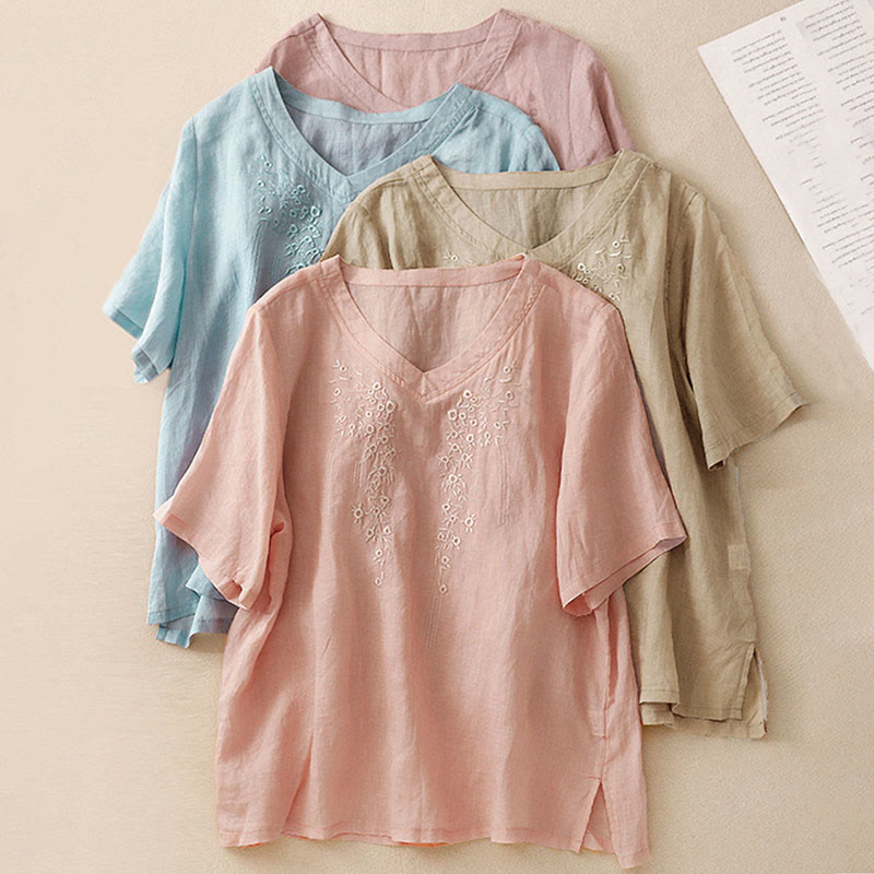 Buddha Stones Casual Damen-Shirt mit besticktem Blumenmuster, V-Ausschnitt und lockeren halben Ärmeln - image 29