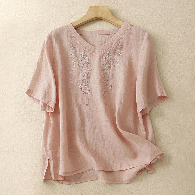 Buddha Stones Lässiges Damen-Shirt aus Baumwolle und Leinen mit V-Ausschnitt und Blumenstickerei - DarkSalmon - US 8-10, UK/AU 12-14, EU 40-42 (2XL) - image 0