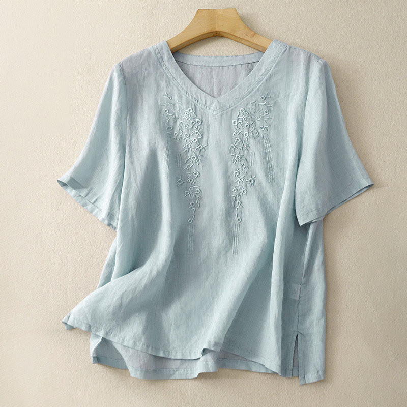 Buddha Stones Casual Damen-Shirt mit besticktem Blumenmuster, V-Ausschnitt und lockeren halben Ärmeln - Hellblau - US 8-10, UK/AU 12-14, EU 40-42 (2XL) - image 21