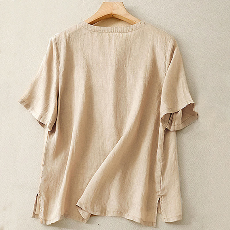 Buddha Stones Casual Damen-Shirt mit besticktem Blumenmuster, V-Ausschnitt und lockeren halben Ärmeln - image 13
