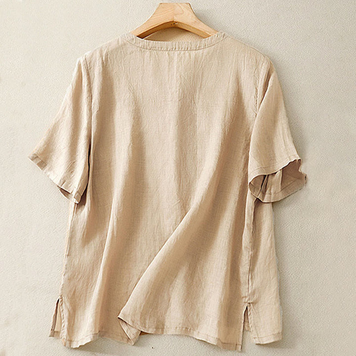 Buddha Stones Casual Damen-Shirt mit besticktem Blumenmuster, V-Ausschnitt und lockeren halben Ärmeln - image 13