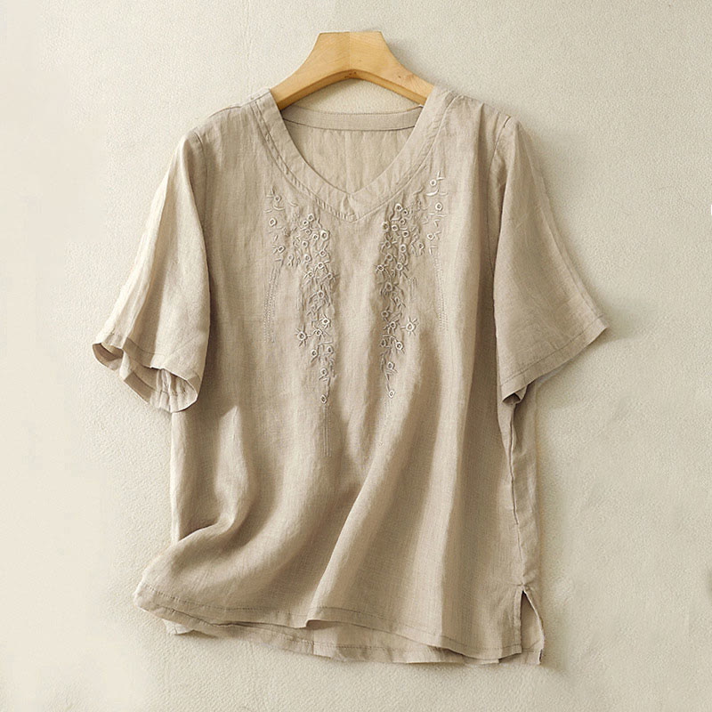 Buddha Stones Casual Damen-Shirt mit besticktem Blumenmuster, V-Ausschnitt und lockeren halben Ärmeln - Bräunen - US 8-10, UK/AU 12-14, EU 40-42 (2XL) - image 12