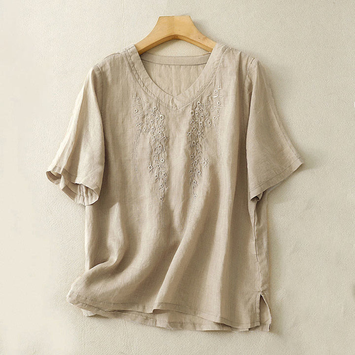 Buddha Stones Casual Damen-Shirt mit besticktem Blumenmuster, V-Ausschnitt und lockeren halben Ärmeln - Bräunen - US 8-10, UK/AU 12-14, EU 40-42 (2XL) - image 12