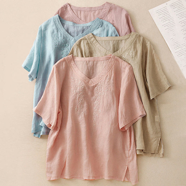 Buddha Stones Lässiges Damen-Shirt aus Baumwolle und Leinen mit V-Ausschnitt und Blumenstickerei - image 29