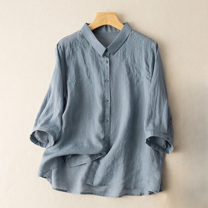 Lässiges Damen-Shirt aus Baumwolle und Leinen mit Stehkragen und Stickereien von Buddha Stones