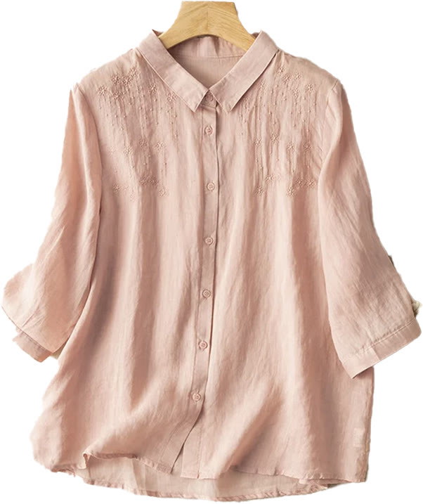 Lässiges Damen-Shirt aus Baumwolle und Leinen mit Stehkragen und Stickereien von Buddha Stones
