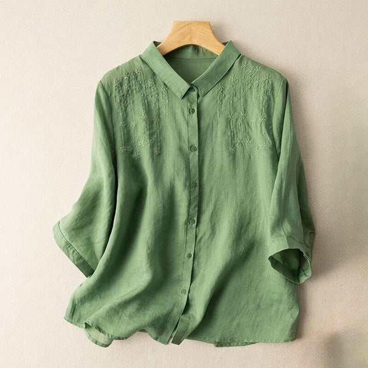 Lässiges Damen-Shirt aus Baumwolle und Leinen mit Stehkragen und Stickereien von Buddha Stones