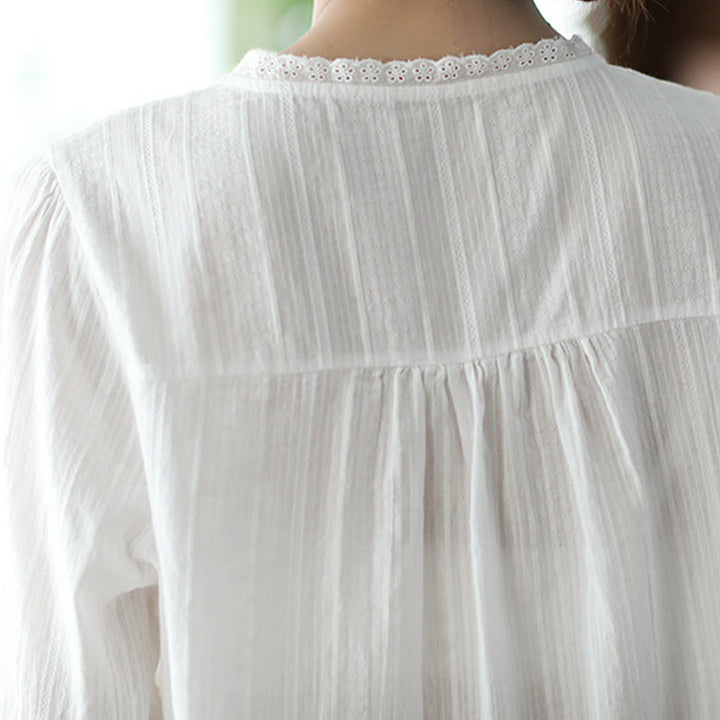 Buddha Stones Damen-Baumwollhemd mit V-Ausschnitt und halblangen Ärmeln, reine weiße Spitze - image 5